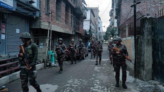 Indian army soldiers patrol during a security operation in hill and valley areas in the northeastern state of Manipur | Handout via Reuters