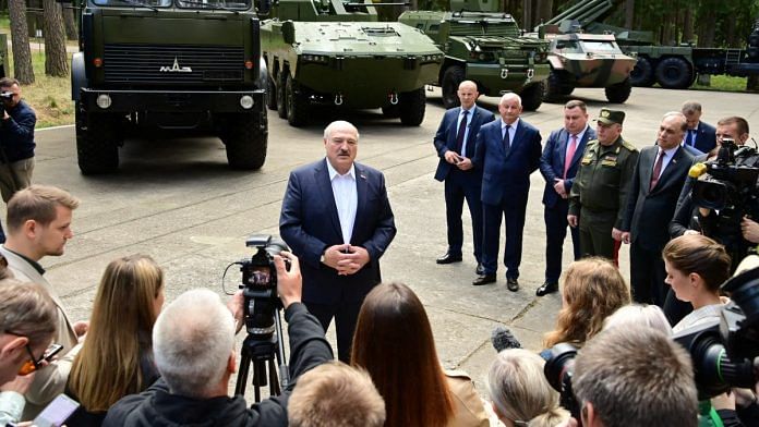 Belarusian President Alexander Lukashenko speaks to journalists during his visit to a military-industrial complex facility in the Minsk Region, Belarus | Press Service of the President of the Republic of Belarus/Handout via Reuters