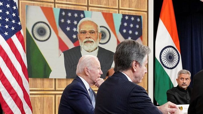 U.S. President Joe Biden, seated with U.S. Secretary of State Antony Blinken and India's Foreign Minister Subrahmanyam Jaishankar, holds a videoconference with India's Prime Minister Narendra Modi to discuss Russia's war with Ukraine from the White House in Washington US | Reuters