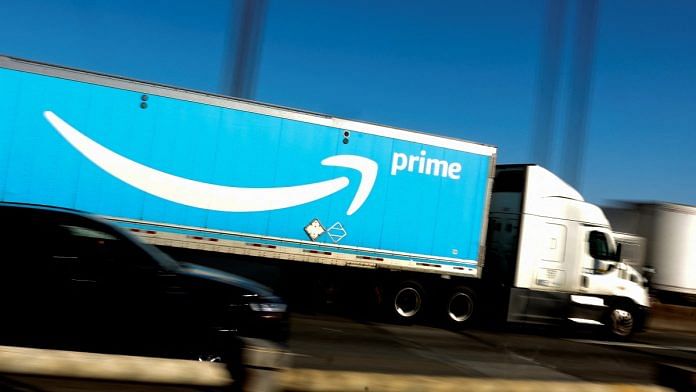 An Amazon Prime truck is pictured as it crosses the George Washington Bridge on Interstate Route 95 during Amazon's two-day 