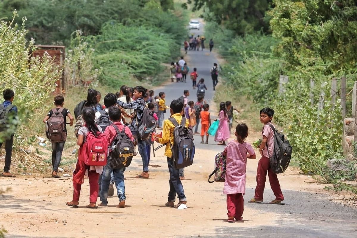 Children of Vadiya Primary School leave for their homes | Photo: Praveen Jain | ThePrint