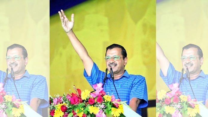 AAP convenor and Delhi CM Arvind Kejriwal speaks at the party's maha rally at Delhi's Ram Lila Maidan on Sunday | Twitter: @AamAadmiParty