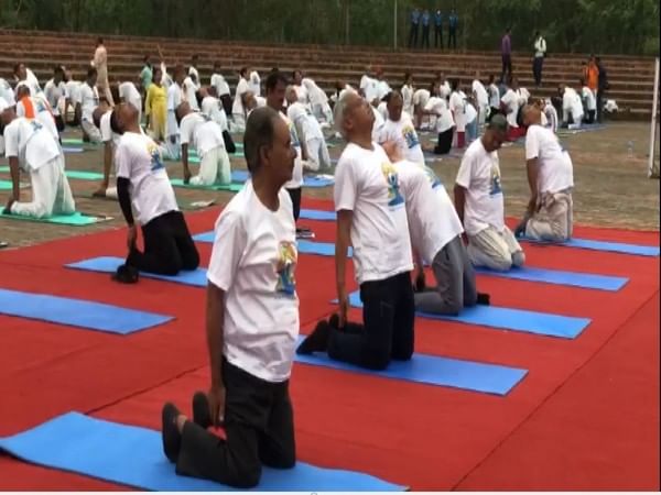Indian Ambassador to Nepal Naveen Srivastava, Tourism Minister Sudan Kirati perform Yoga at Lumbini