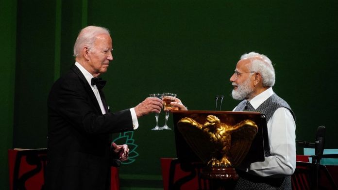US President Joe Biden and PM Narendra Modi toast during an official state dinner at the White House in Washington, on 22 June 2023 | Reuters/Elizabeth Frantz