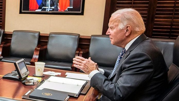 U.S. President Joe Biden holds virtual talks with Russia's President Vladimir Putin amid Western fears that Moscow plans to attack Ukraine, during a secure video call from the Situation Room at the White House in Washington on December 7, 2021/Reuters