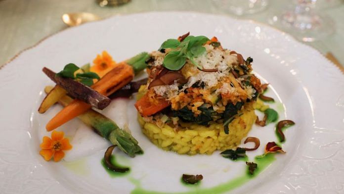 A dish is pictured as U.S. first lady Jill Biden hosts a media preview in advance of Thursday's State Dinner as part of Indian Prime Minister Narendra Modi's official visit to the United States, in the State Dining Room of the White House in Washington on June 21, 2023/Reuters