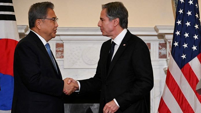 U.S. Secretary of State Antony Blinken and South Korea's Foreign Minister Park Jin shake hands at a news conference, at the U.S. State Department in Washington, U.S. | Image via REUTERS