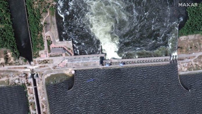 A satellite image shows a close-up view of Nova Kakhovka dam and hydroelectric power facility, Ukraine, on 6 June 2023 | Maxar Technologies/Handout via Reuters