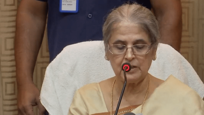 Retd Supreme Court Justice Ranjana Prakash Desai, chairperson of the UCC draft committee, addressing a press conference, Friday | Photo: Twitter @ANI