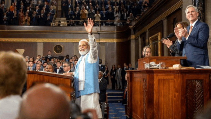 Prime Minister Narendra Modi addresses a joint meeting of Congress, at the Capitol in Washington. (Photo | PTI)
