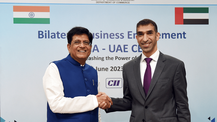 Union Minister of Commerce and Industry Piyush Goyal and UAE Minister of State for Foreign Trade Thani bin Ahmed Al Zeyoudi in New Delhi Monday | ANI