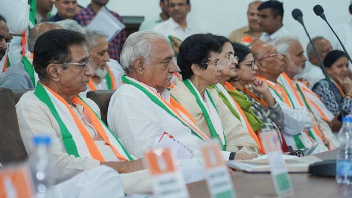 (From left) Congress leaders Deepak Babaria, Bhupinder Singh Hooda, Kumari Selja, and Kiran Choudhry at the meeting Saturday | By special arrangement