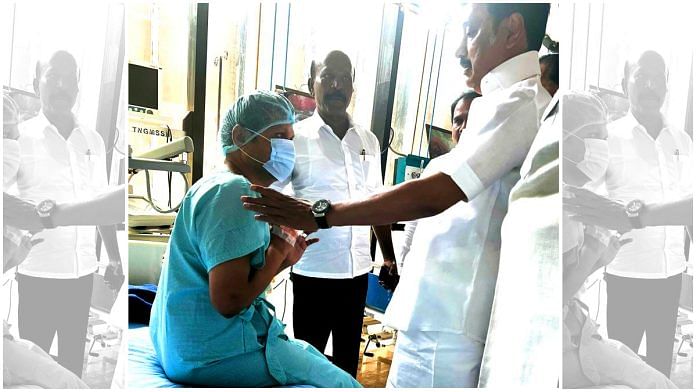 Tamil Nadu CM MK Stalin with his minister Senthil Balaji (seated) in a Chennai hospital | Twitter | @mkstalin