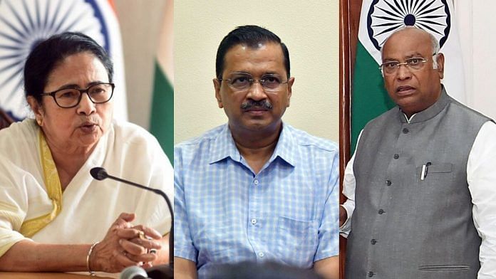 TMC chief Mamata Banerjee, AAP convenor Arvind Kejriwal and Congress president Mallikarjun Kharge | ANI File