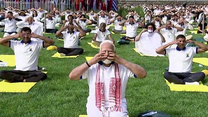 PM Narendra Modi performs yoga on the occasion of the 9th International Yoga Day, at the UN headquarters in New York, on 21 June 2023 | ANI