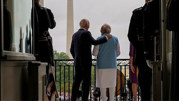 Prime Minister Narendra Modi with US President Joe Biden at White House Arrival Ceremony, in Washington DC, Thursday | ANI