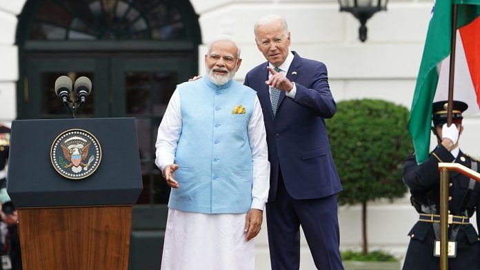 US President Joe Biden welcomes Prime Minister Narendra Modi for a State Visit at the White House in Washington, US, on 22 June 2023 | Reuters/ Kevin Lamarque