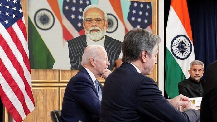US President Joe Biden, seated with US Secretary of State Antony Blinken and Foreign Minister Jaishankar, holds a videoconference with PM Narendra Modi | Reuters file photo/Kevin Lamarque