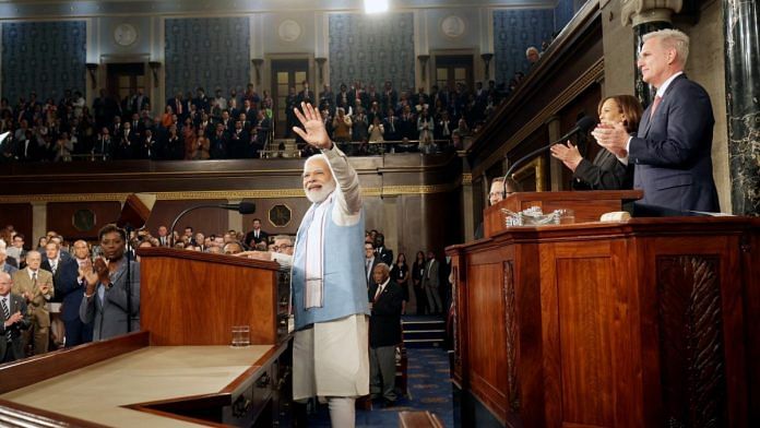 PM Narendra Modi waves while addressing the joint sitting of the US Congress at Capitol Hill, Washington DC, Friday | ANI