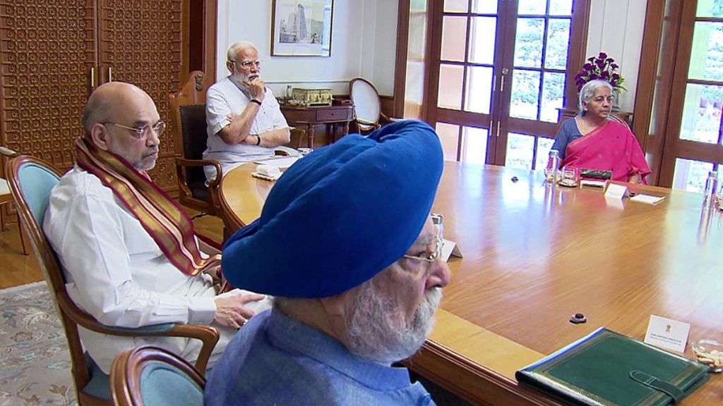 Prime Minister Narendra Modi chairs a meeting attended by Union ministers Amit Shah, Hardeep Singh Puri and Nirmala Sitharaman, among others | Photo: ANI