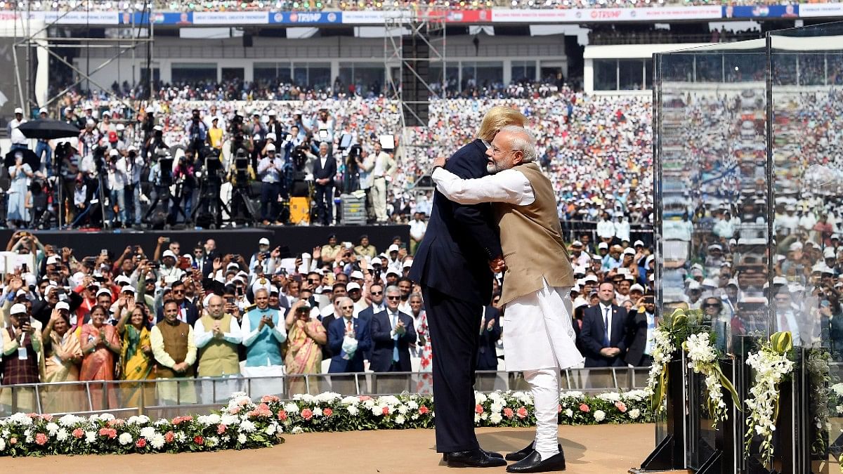 PM Modi hugging then US president Donald Trump during Namaste Trump event at Motera Stadium in Ahmedabad on 25 Feb, 2020 | ANI