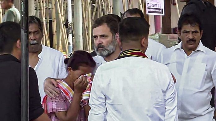 Congress leader Rahul Gandhi meets people displaced by the violence in Manipur, at a relief camp in Churachandpur, on 29 June 2023 | PTI