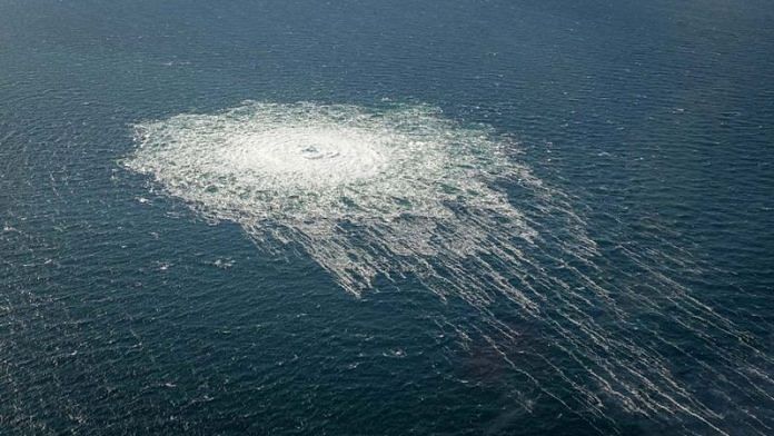 Gas bubbles from the Nord Stream 2 leak reaching surface of the Baltic Sea in the area shows disturbance of well over one kilometre diameter near Bornholm, Denmark, 27 September, 2022/Reuters
