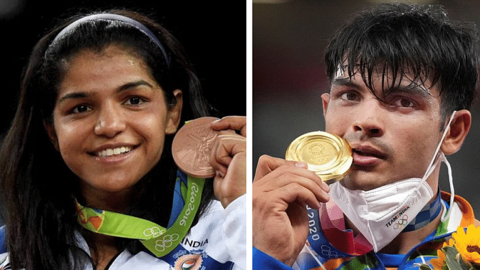 Sakshi Malik with her bronze medal at the 2016 Summer Olympics in Rio de Janeiro and Neeraj Chopra after winning the gold medal at the 2020 Summer Olympics in Tokyo| PTI file photos