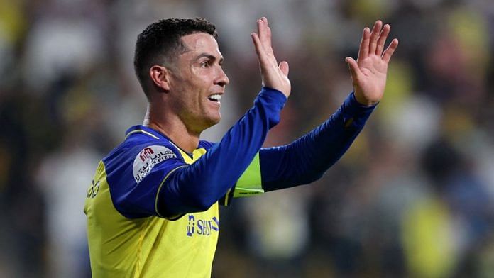 Al Nassr's Cristiano Ronaldo celebrates scoring their third goal on 23 May/Reuters