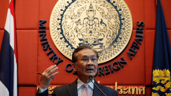 FILE PHOTO: Thailand's Foreign Minister Don Pramudwinai gestures during a news conference on the U.S. State Department's annual human trafficking report at the Ministry of Foreign Affairs in Bangkok, Thailand, July 1, 2016. REUTERS/Chaiwat Subprasom/File Photo