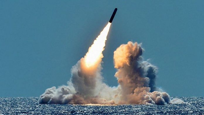 An unarmed Trident II D5 missile is test-launched from the Ohio-class U.S. Navy ballistic missile submarine USS Nebraska off the coast of California on 26 March, 2018/Reuters