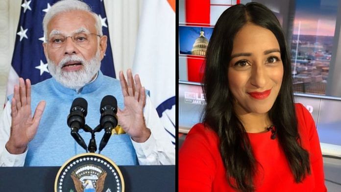 Narendra Modi during press conference in US and WSJ journalist Sabrina Siddiqui | Image via Reuter and Twitter/@SabrinaSiddiqui