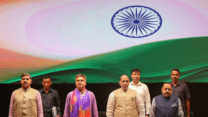 Defence Minister Rajnath Singh with Union Minster Jitender Singh, J&K BJP president Ravinder Raina and others during a ‘National Security Conclave' in Jammu | PTI