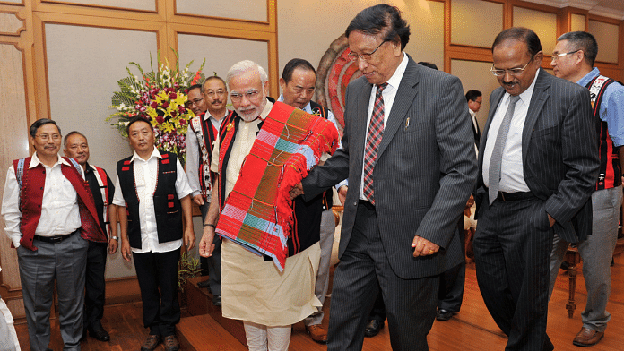 File photo of Prime Minister Narendra Modi with NSCN-IM general secretary Thuingaleng Muivah at the signing ceremony of the Naga peace accord in 2015 | PTI
