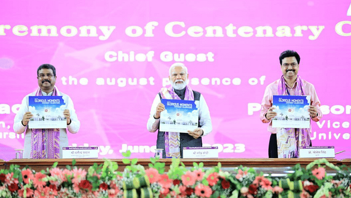 PM Narendra Modi at valedictory ceremony of the centenary celebrations of Delhi University, in New Delhi. Education Minister Dharmendra Pradhan and DU vice-chancellor Yogesh Singh share the stage with Modi | Twitter | @dpradhanbjp