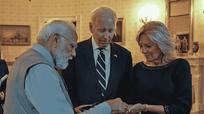 Prime Minister Narendra Modi gifts a lab-grown 7.5-carat green diamond to the First Lady Jill Biden as President Joe Biden looks on at the White House in Washington DC | ANI