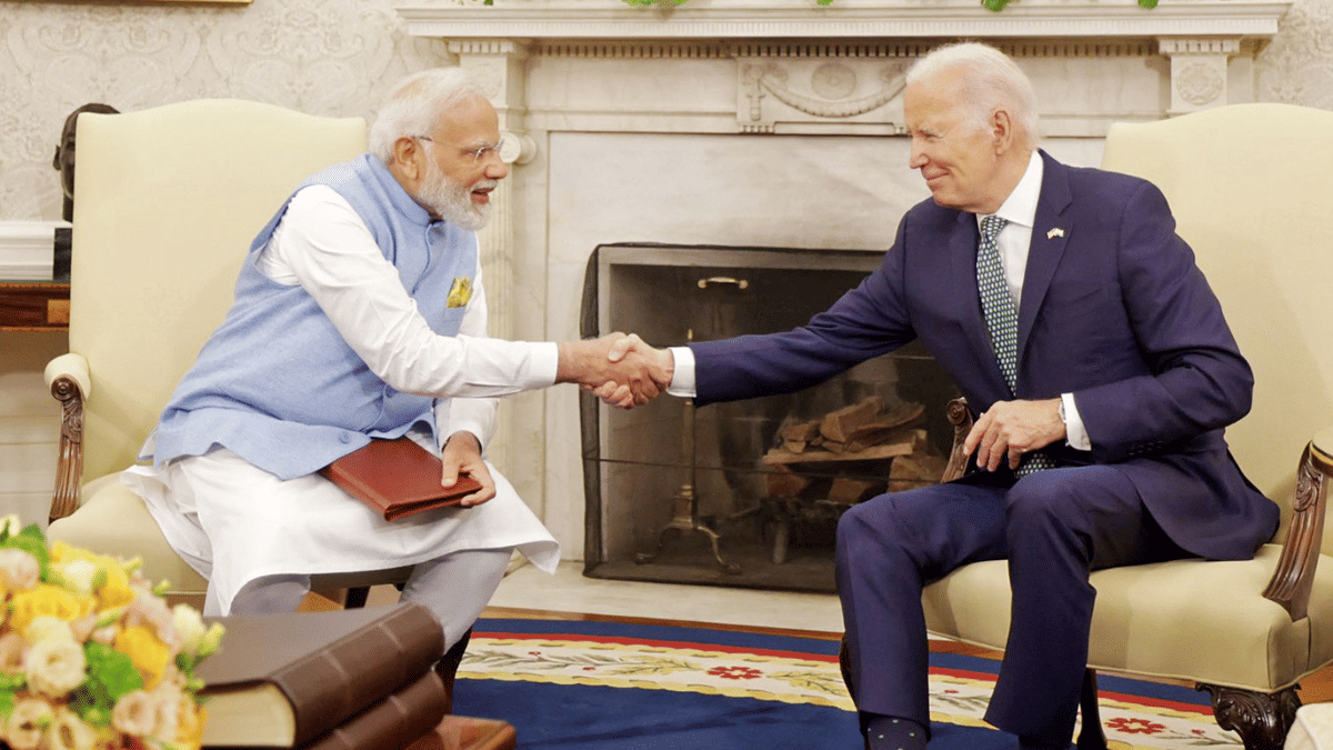 Modi Biden White House Prime Minister Narendra Modi and US President Joe Biden greet each other during bilateral talks in the Oval Office of the White House, in Washington, DC | ANI