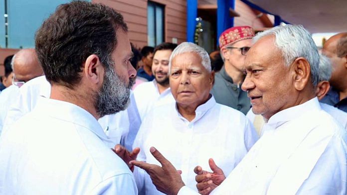Congress leader Rahul Gandhi interacts with Bihar Chief Minister Nitish Kumar and Rashtriya Janata Dal (RJD) chief Lalu Prasad Yadav after the Opposition leaders' meeting in Patna | ANI