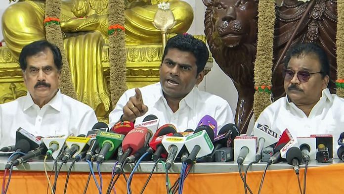 Tamil Nadu BJP president K Annamalai addresses a press conference over State Electricity Minister V Senthil Balaji's alleged money laundering case, in Chennai | (ANI Photo)