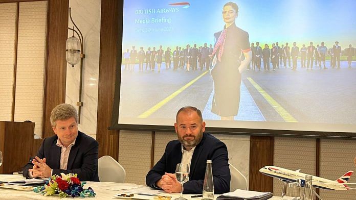 British Airways Chairman and CEO Sean Doyle (left) and the company’s Chief Customer Officer Calum Laming speaking at media roundtable in Delhi on Friday | Yuthika Bhargava/ThePrint