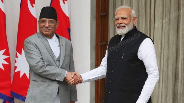 Nepal Prime Minister Pushpa Kamal Dahal ‘Prachanda’ with PM Narendra Modi at Hyderabad House in New Delhi | Praveen Jain | ThePrint
