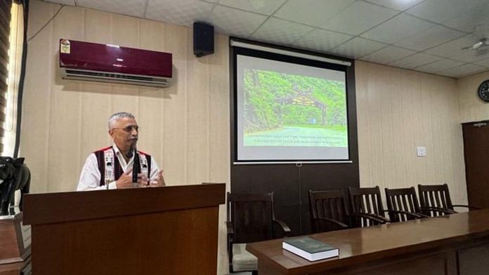 Ex-Army chief Manoj Naravane defending his PhD thesis at the Punjabi University in Patiala | Twitter/@ManojNaravane