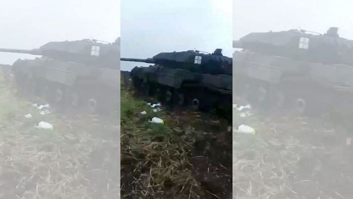 A still image from a video, released by Russia's Defence Ministry, shows what it said to be a German-made Leopard tank captured by Russian forces in a battle with Ukrainian forces in the course of Russia-Ukraine conflict, in the Zaporizhzhia region of Ukraine | Russian Defence Ministry/Handout via Reuters