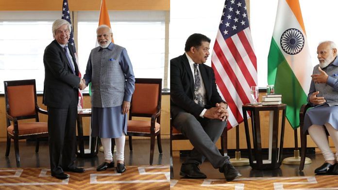 Prime Minister Narendra Modi meets Paul Romer and Neil deGrasse Tyson | Photo Credit: Twitter/@MEAIndia
