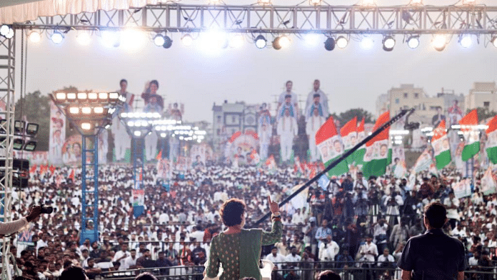 Congress leader Priyanka Gandhi Vadra addresses a party event in poll-bound Telangana | Twitter | @priyankagandhi
