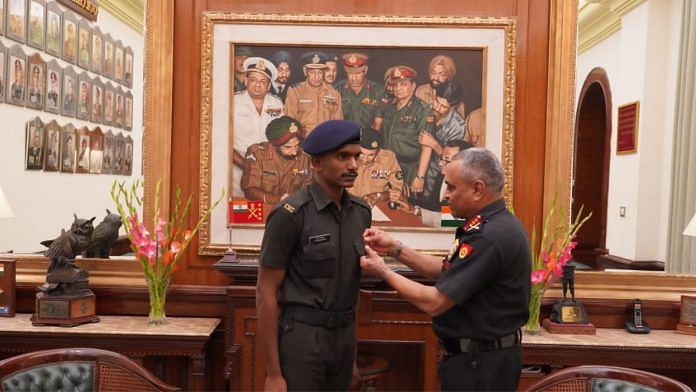 Sepoy Navaneetha Krishan D, right, receiving the medal from Army Chief General Manoj Pande | Source: The Indian Army