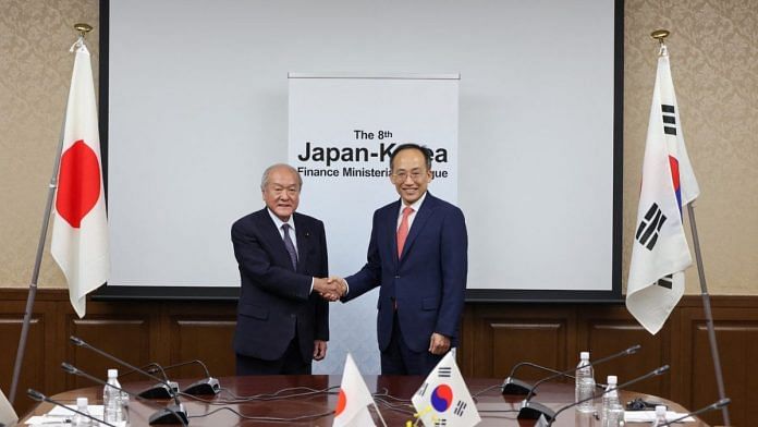 Japan's Finance Minister Shunichi Suzuki meets with his South Korean counterpart Choo Kyungho at a meeting in Tokyo, on 29 June 2023 | Ministry of Finance Japan/handout via Reuters