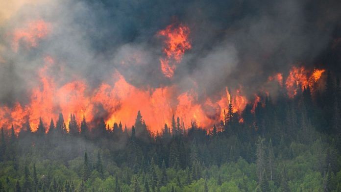 Flames reach upwards along the edge of a wildfire as seen from a Canadian Forces helicopter surveying the area near Mistissini, Quebec, Canada | Cpl Marc-Andre Leclerc/Canadian Forces/Handout via Reuters/File Photo