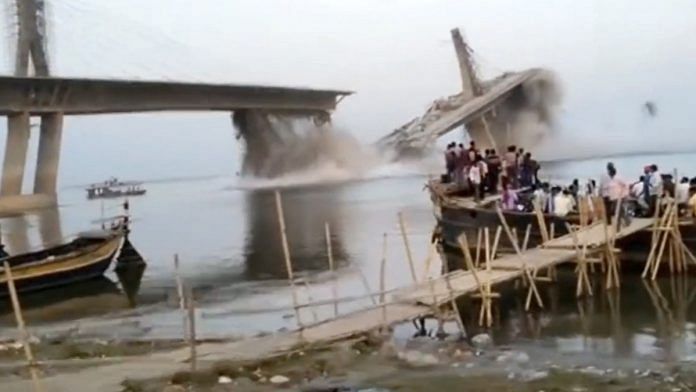 An under-construction Aguwani-Sultanganj Ganga bridge collapsed in Bihar's Bhagalpur district on Sunday | PTI photo