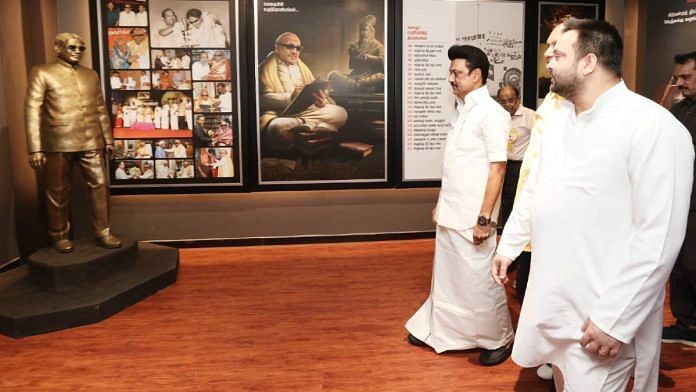 Tamil Nadu CM M.K. Stalin and Bihar Deputy CM Tejashwi Yadav at a photo exhibition inside the Kalaignar Kottam | Photo: Tamil Nadu government
